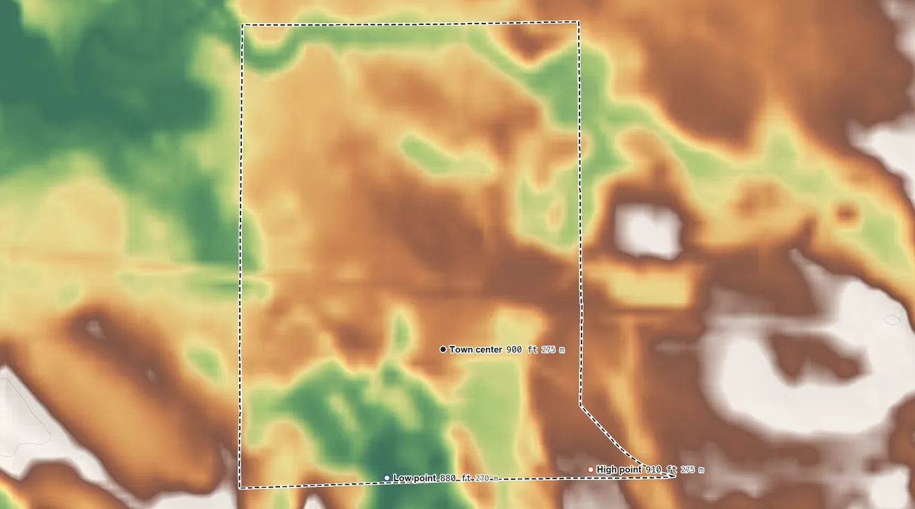 Topographic elevation map of Wawaka, Indiana, shaded from 880 ft on the southwest side to 910 ft on the southeast side