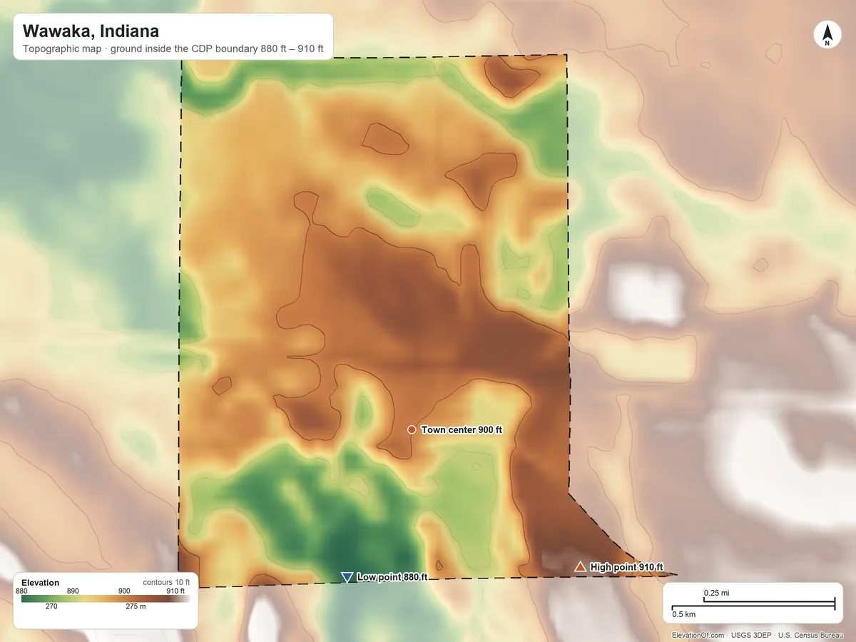 Topographic elevation map of Wawaka, Indiana, shaded from 880 ft on the southwest side to 910 ft on the southeast side