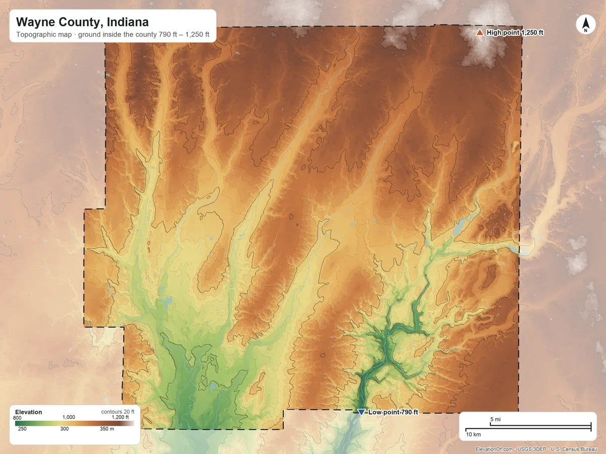 Topographic elevation map of Wayne County, Indiana, shaded from 790 ft on the south side to 1,250 ft on Hoosier Hill