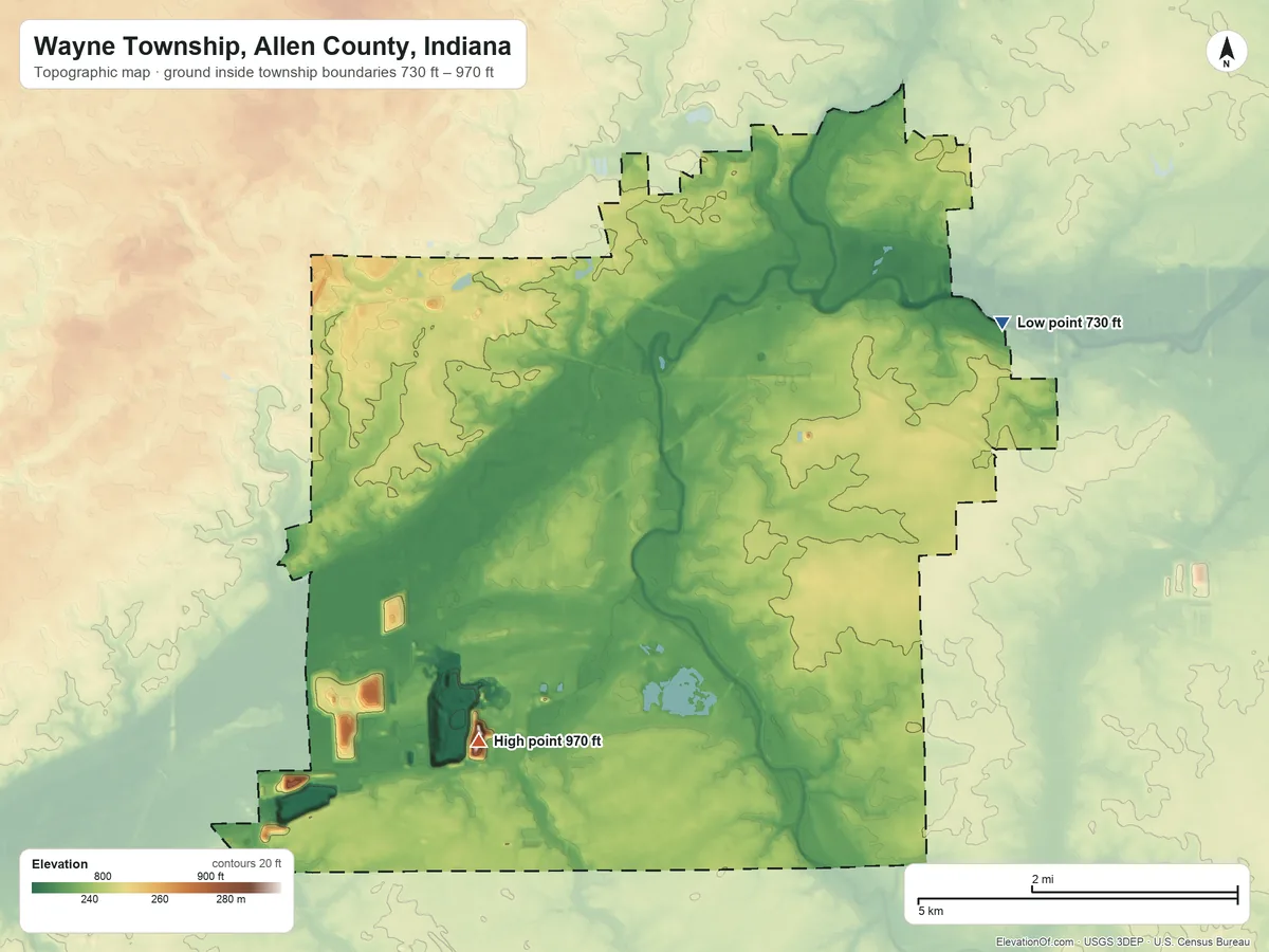 Topographic elevation map of Wayne Township, Allen County, Indiana, shaded from 730 ft on the northeast side to 970 ft on the southwest side