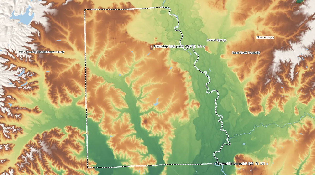 Topographic elevation map of Wayne Township, Bartholomew County, Indiana, shaded from 570 ft on the southeast side to 690 ft on the northeast side