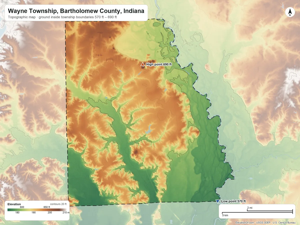 Topographic elevation map of Wayne Township, Bartholomew County, Indiana, shaded from 570 ft on the southeast side to 690 ft on the northeast side