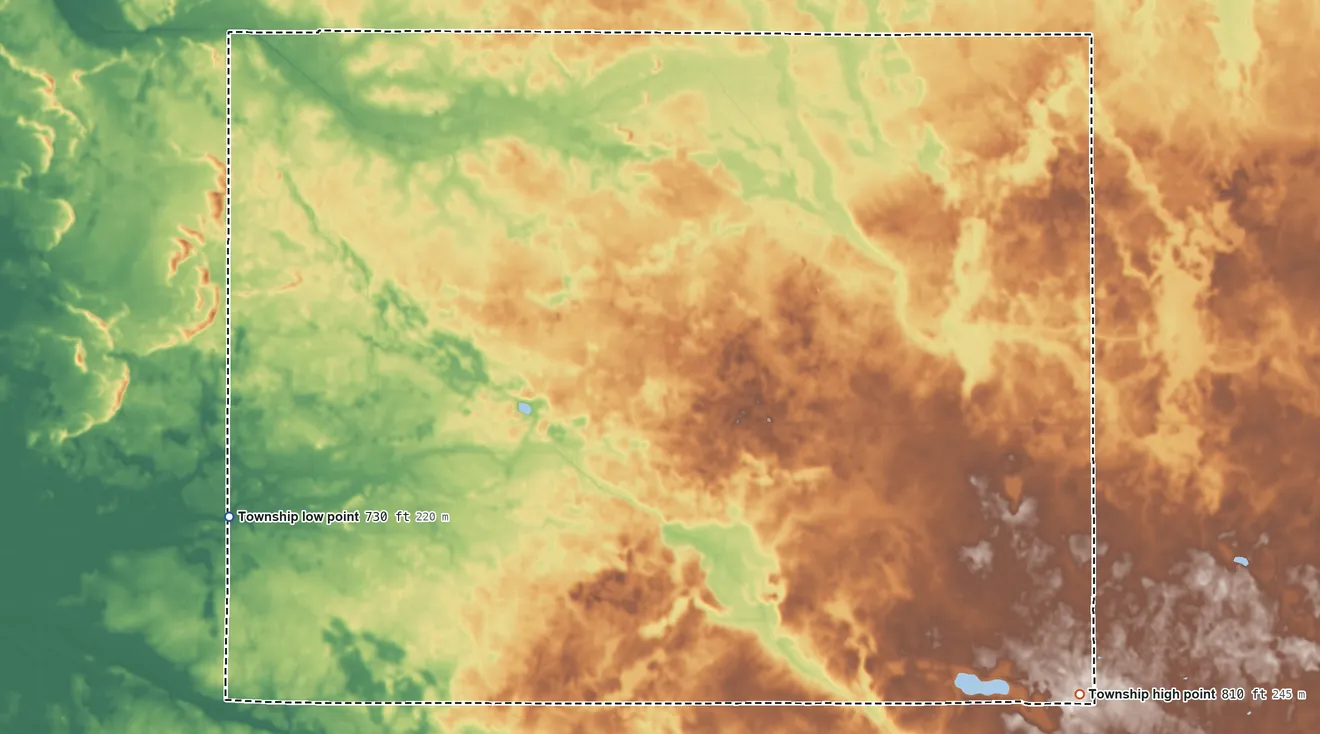 Topographic elevation map of Wayne Township, Fulton County, Indiana, shaded from 730 ft on the west side to 810 ft on the southeast side