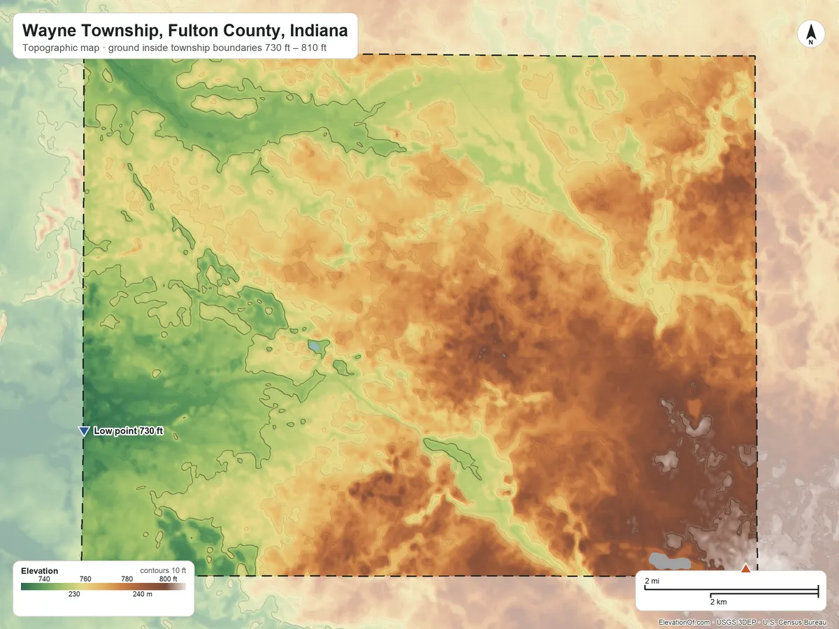 Topographic elevation map of Wayne Township, Fulton County, Indiana, shaded from 730 ft on the west side to 810 ft on the southeast side