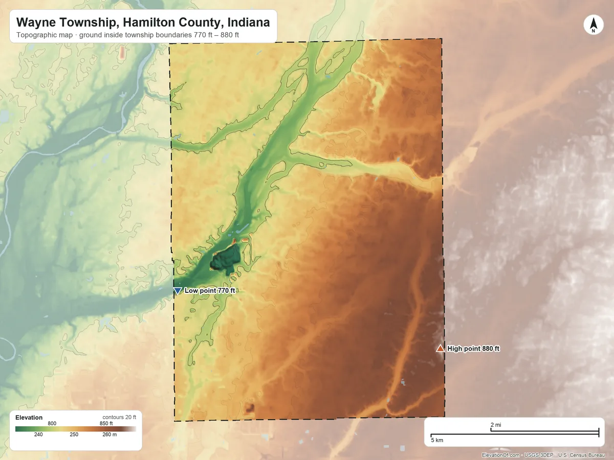 Topographic elevation map of Wayne Township, Hamilton County, Indiana, shaded from 770 ft on the northwest side to 880 ft on the east side