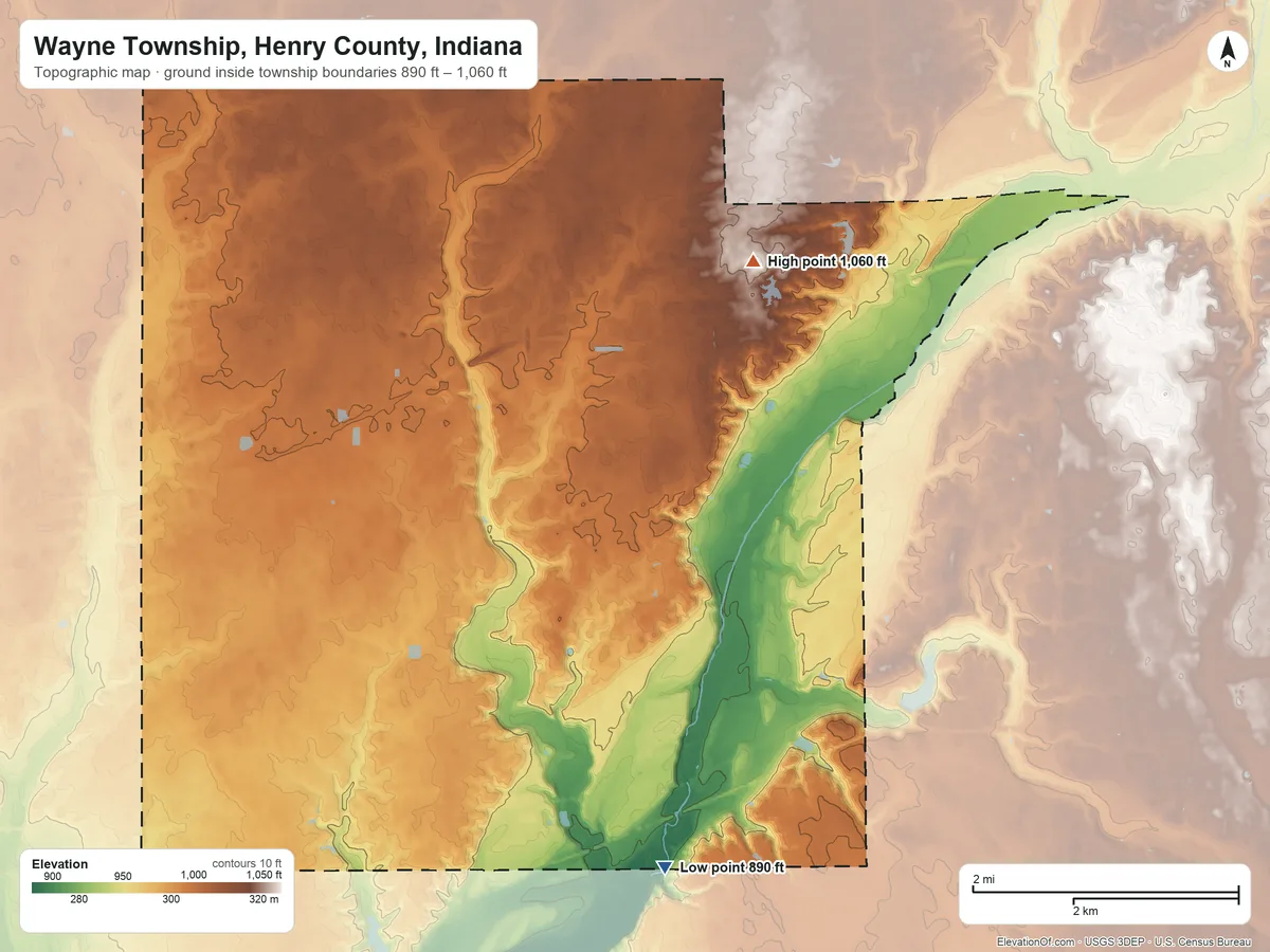 Topographic elevation map of Wayne Township, Henry County, Indiana, shaded from 890 ft on the south side to 1,060 ft on the north side