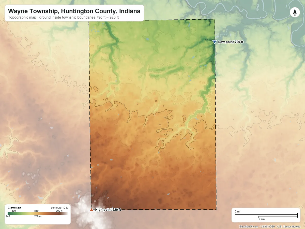 Topographic elevation map of Wayne Township, Huntington County, Indiana, shaded from 790 ft on the northeast side to 920 ft on the southwest side