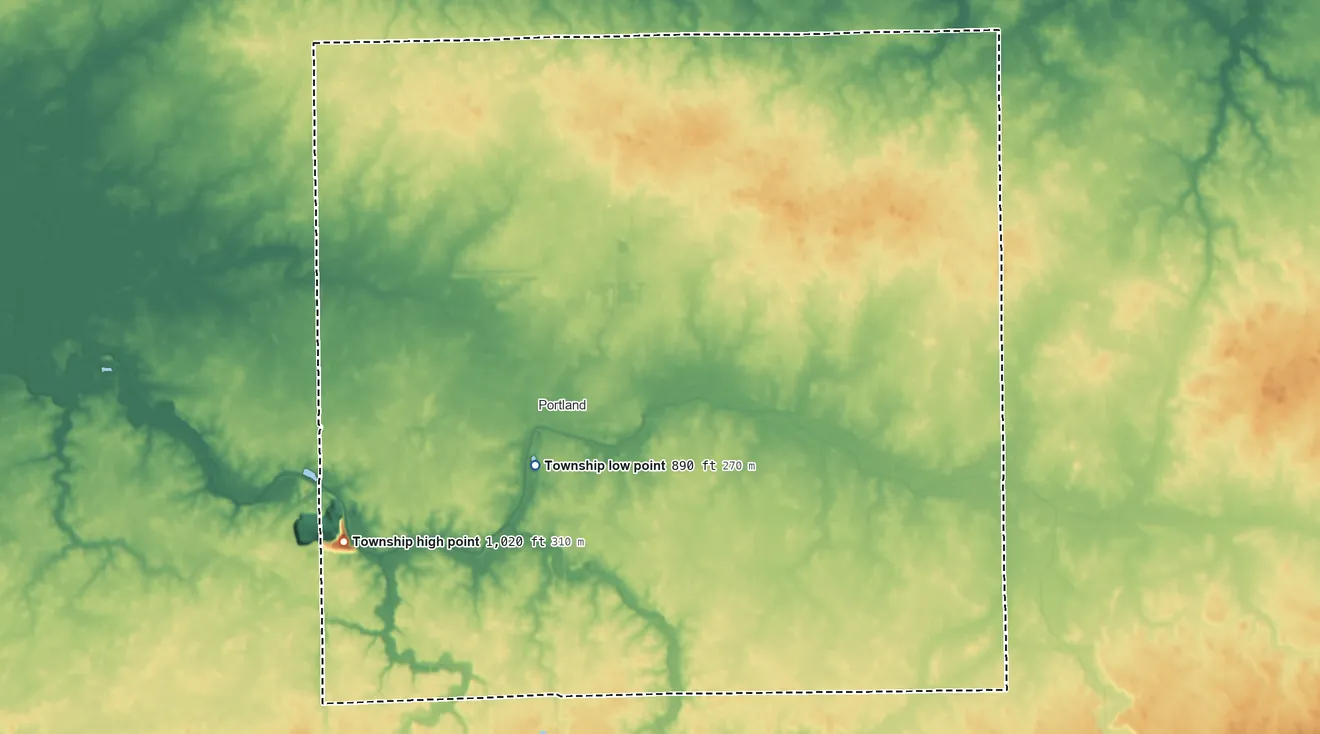 Topographic elevation map of Wayne Township, Jay County, Indiana, shaded from 890 ft near the middle to 1,020 ft on the southwest side