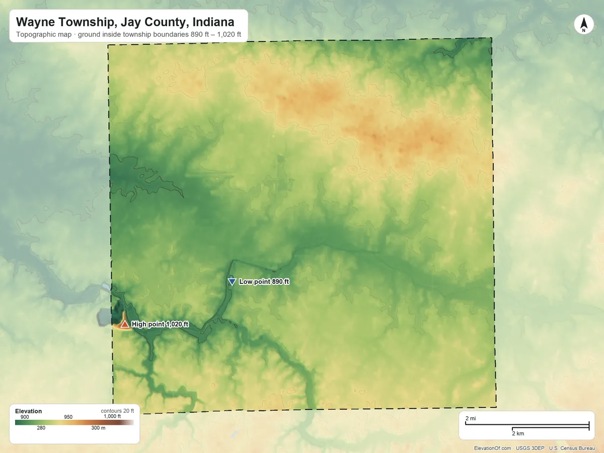 Topographic elevation map of Wayne Township, Jay County, Indiana, shaded from 890 ft near the middle to 1,020 ft on the southwest side