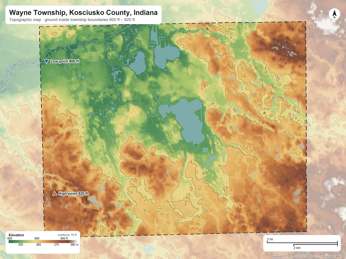 Topographic elevation map of Wayne Township, Kosciusko County, Indiana, shaded from 800 ft on the west side to 920 ft on the southwest side