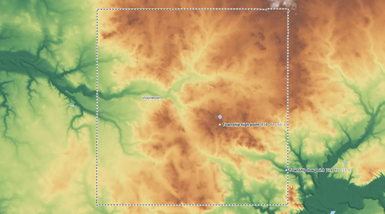 Topographic elevation map of Wayne Township, Montgomery County, Indiana, shaded from 710 ft on the southeast side to 850 ft on the east side