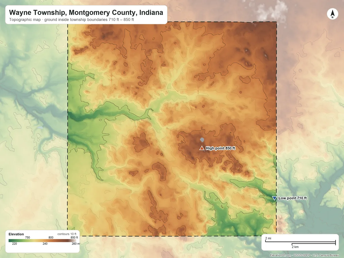 Topographic elevation map of Wayne Township, Montgomery County, Indiana, shaded from 710 ft on the southeast side to 850 ft on the east side