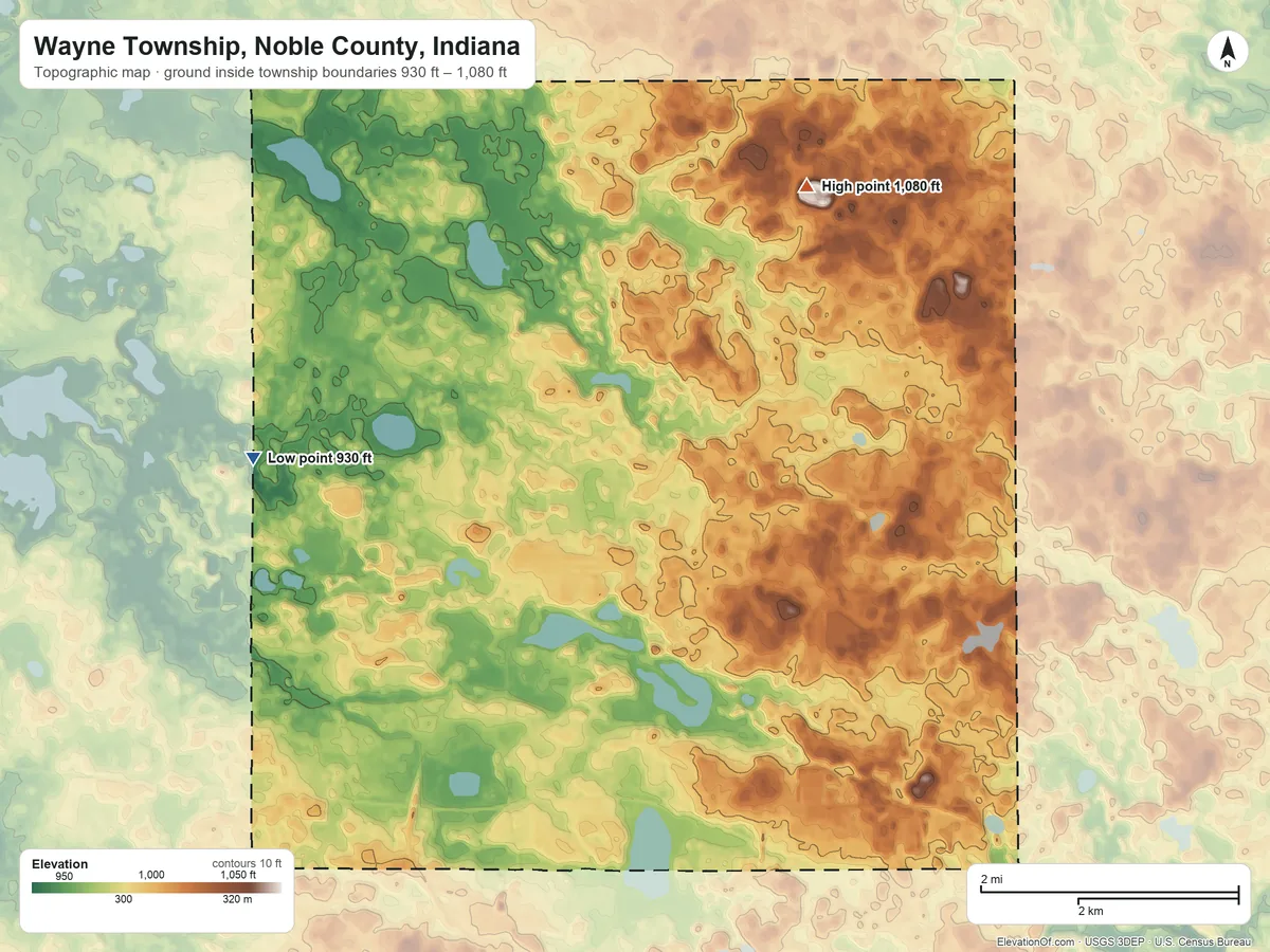 Topographic elevation map of Wayne Township, Noble County, Indiana, shaded from 930 ft on the northwest side to 1,080 ft on Sand Hill