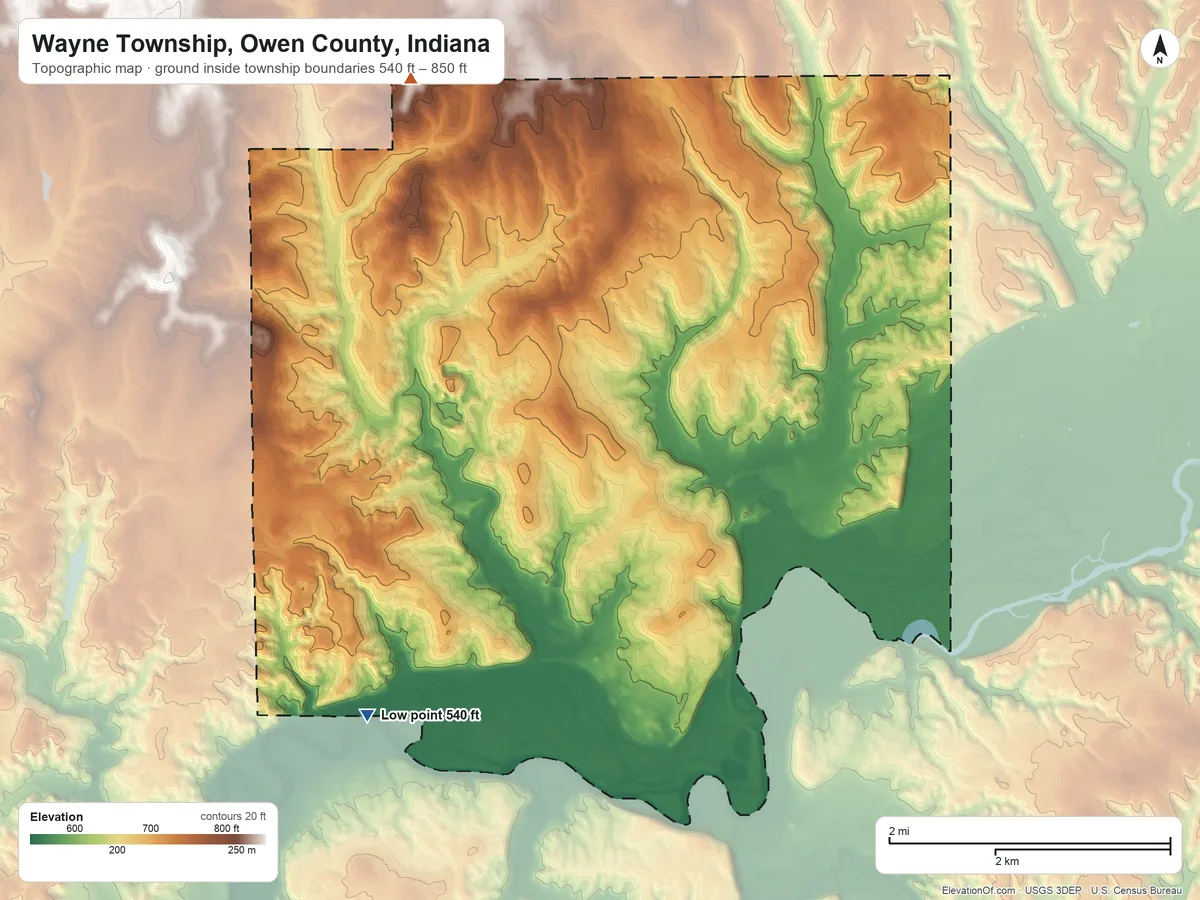 Topographic elevation map of Wayne Township, Owen County, Indiana, shaded from 540 ft on the southwest side to 850 ft on the northwest side