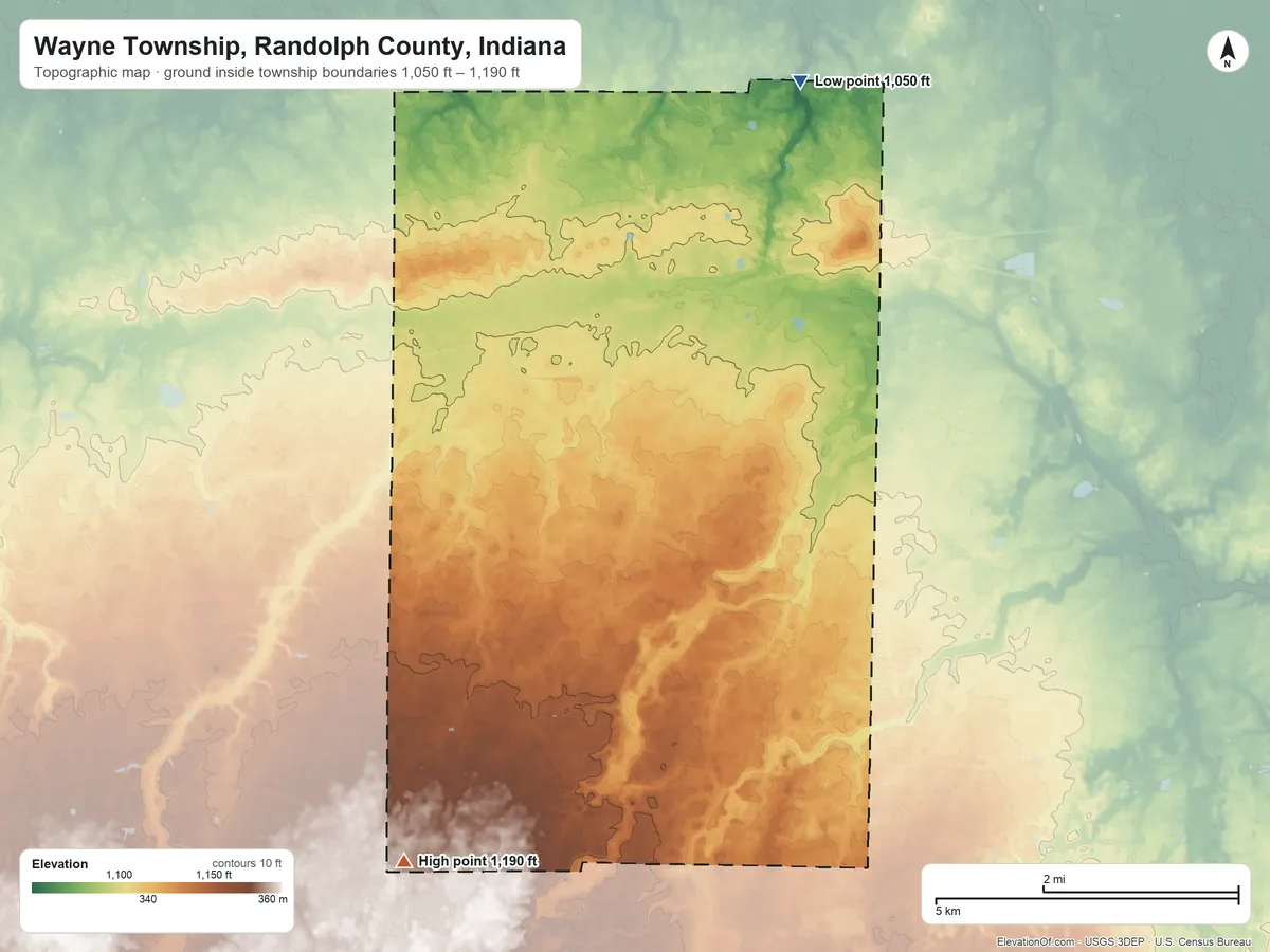 Topographic elevation map of Wayne Township, Randolph County, Indiana, shaded from 1,050 ft on the north side to 1,190 ft on the southwest side
