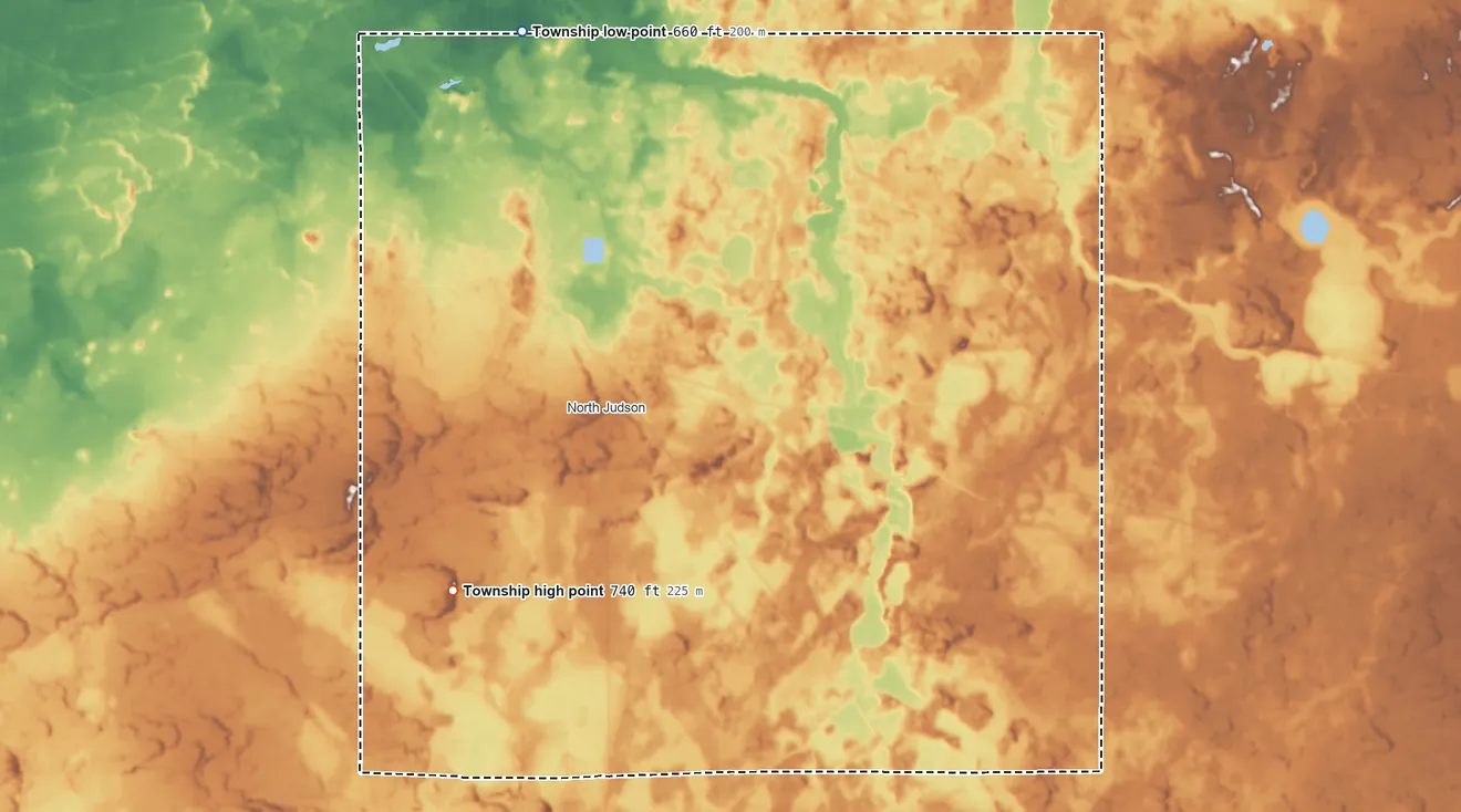 Topographic elevation map of Wayne Township, Starke County, Indiana, shaded from 660 ft on the northwest side to 740 ft on the southwest side
