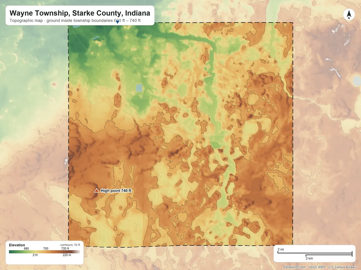 Topographic elevation map of Wayne Township, Starke County, Indiana, shaded from 660 ft on the northwest side to 740 ft on the southwest side