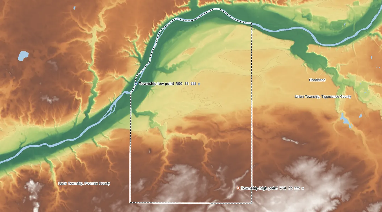 Topographic elevation map of Wayne Township, Tippecanoe County, Indiana, shaded from 500 ft on the northwest side to 750 ft on the southeast side