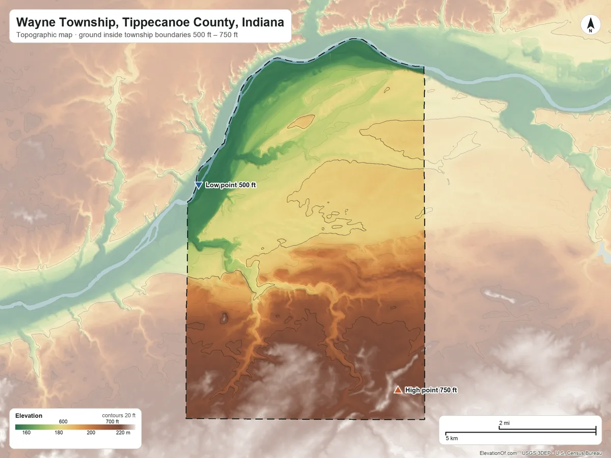 Topographic elevation map of Wayne Township, Tippecanoe County, Indiana, shaded from 500 ft on the northwest side to 750 ft on the southeast side