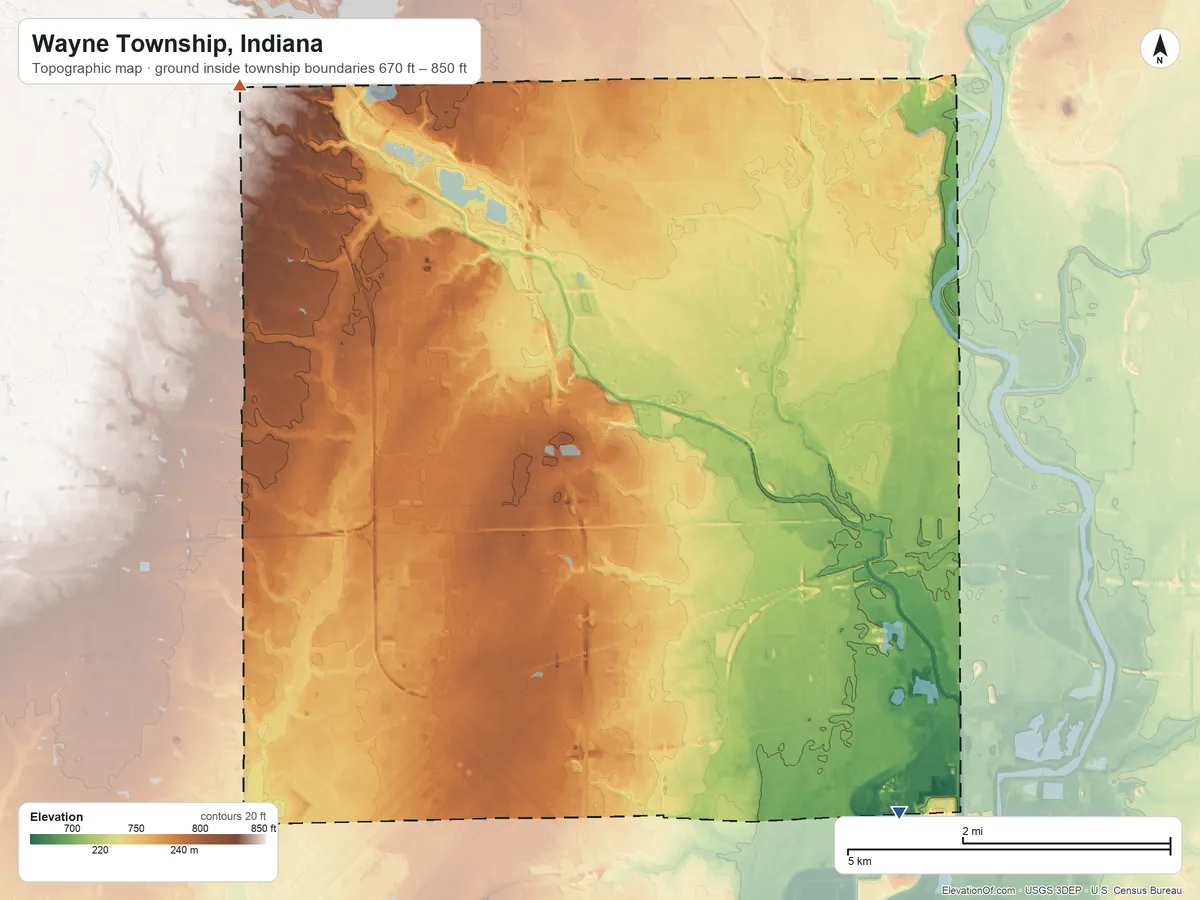 Topographic elevation map of Wayne Township, Indiana, shaded from 670 ft on the southeast side to 850 ft on the northwest side