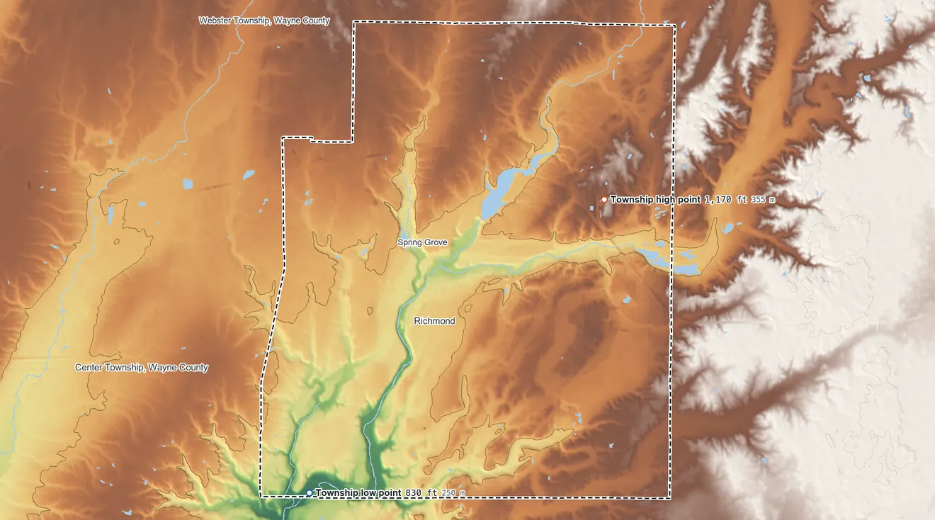 Topographic elevation map of Wayne Township, Wayne County, Indiana, shaded from 830 ft on the southwest side to 1,170 ft on the northeast side