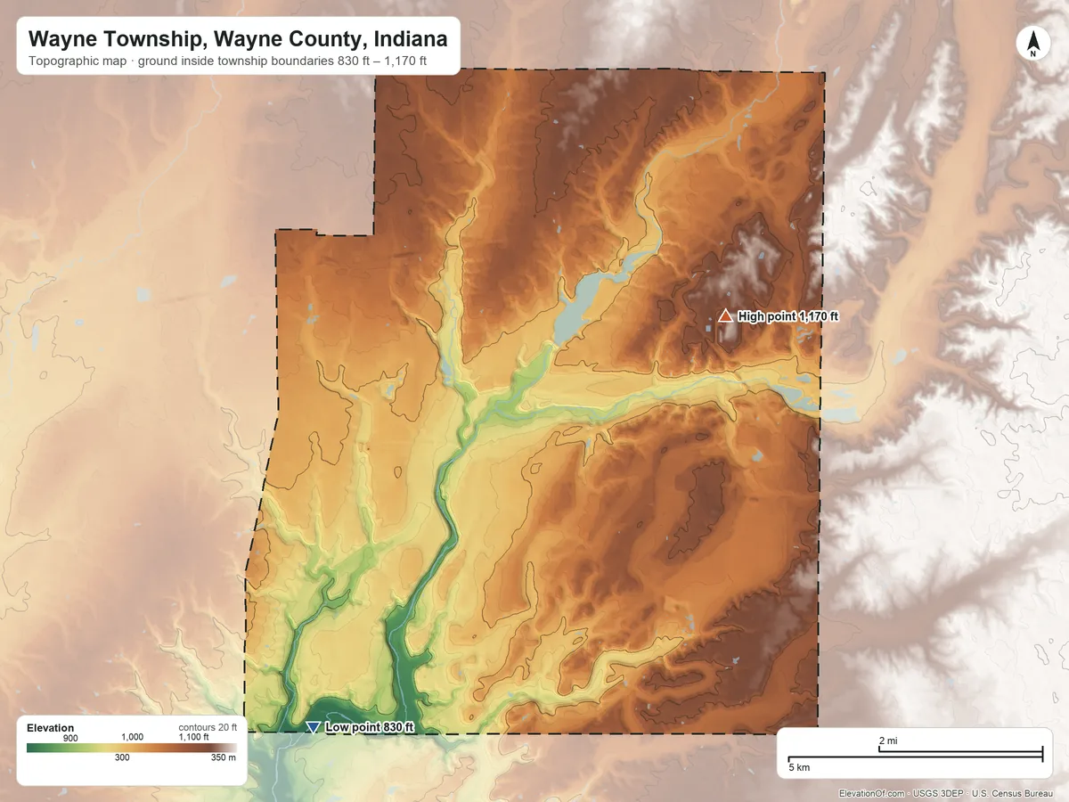 Topographic elevation map of Wayne Township, Wayne County, Indiana, shaded from 830 ft on the southwest side to 1,170 ft on the northeast side