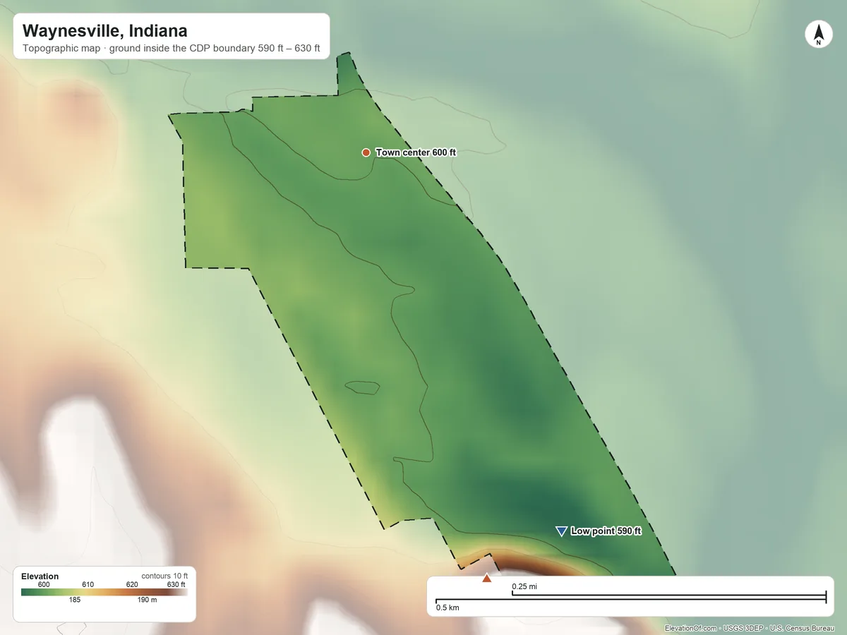 Topographic elevation map of Waynesville, Indiana, shaded from 590 ft on the southeast side to 630 ft on the south side
