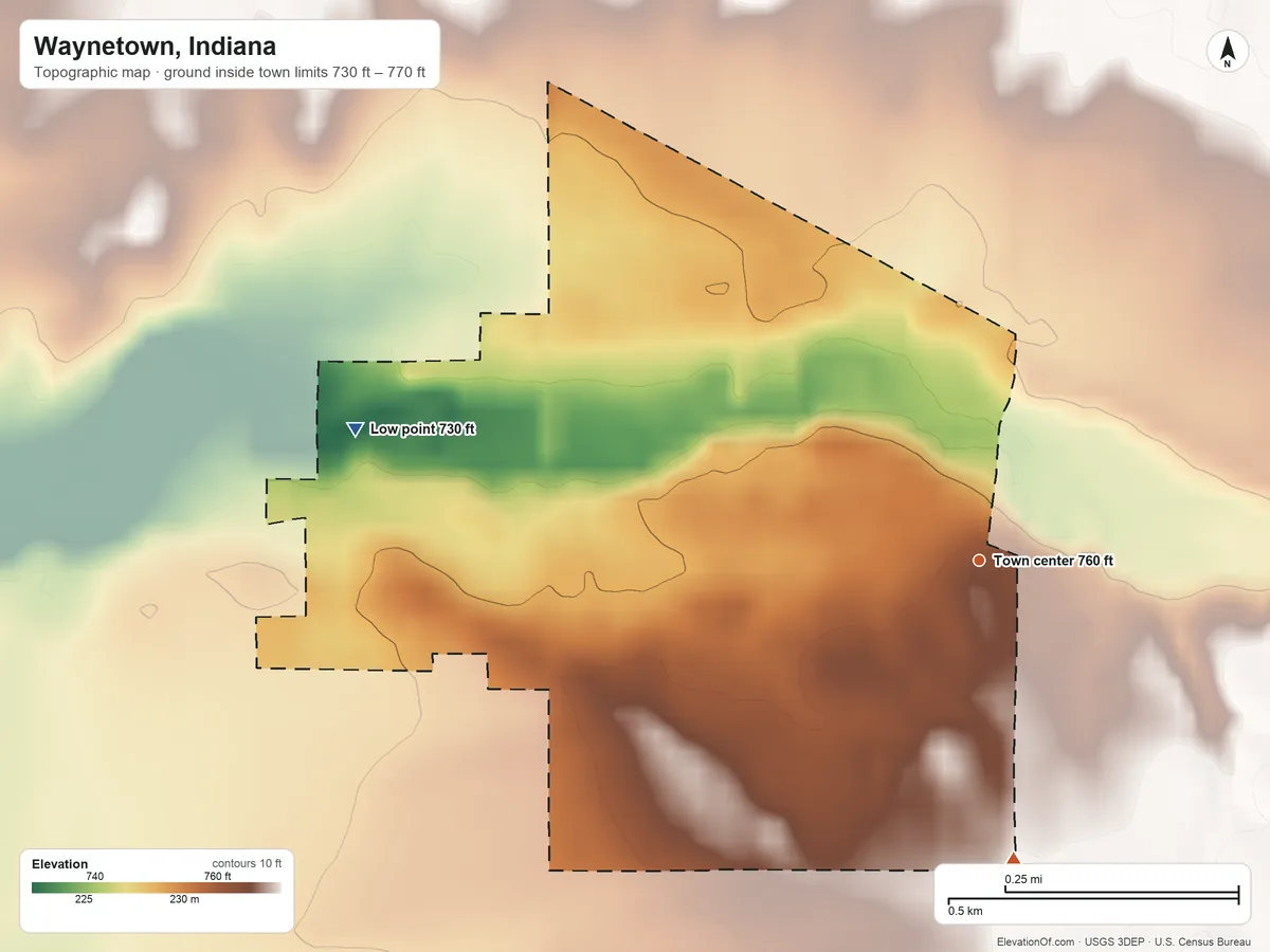 Topographic elevation map of Waynetown, Indiana, shaded from 730 ft on the west side to 770 ft on the south side