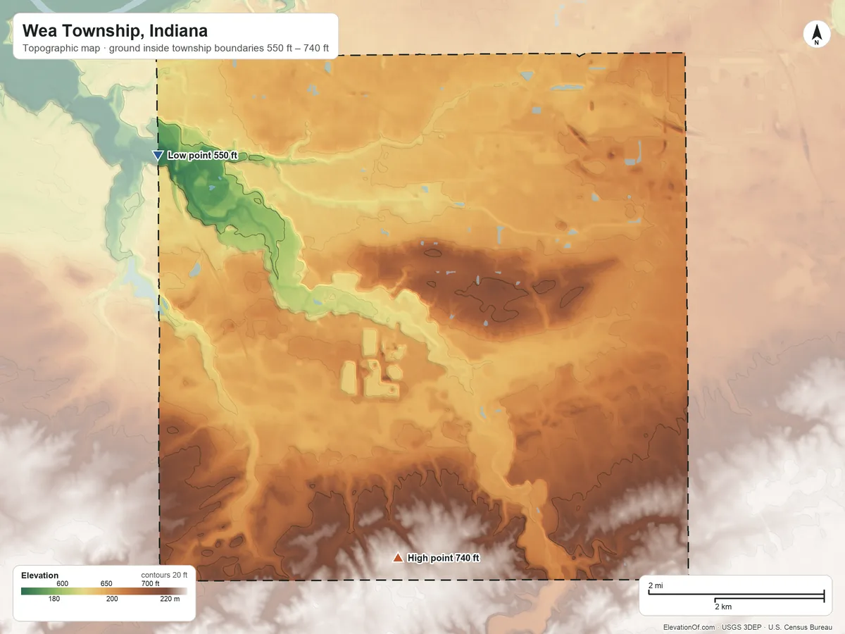 Topographic elevation map of Wea Township, Indiana, shaded from 550 ft on the west side to 740 ft on the south side