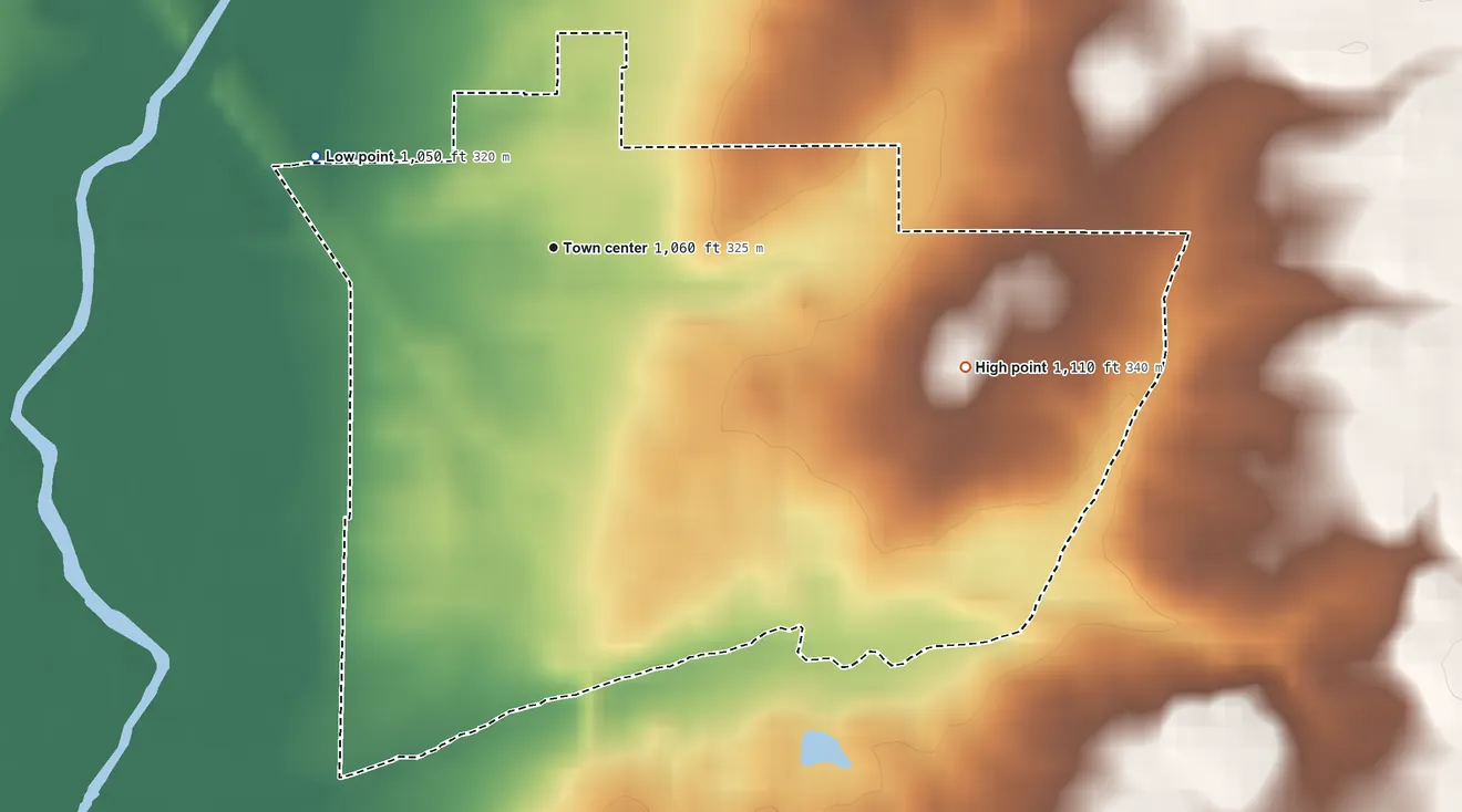Topographic elevation map of Webster, Indiana, shaded from 1,050 ft on the west side to 1,110 ft on the east side