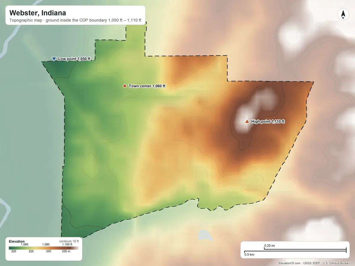 Topographic elevation map of Webster, Indiana, shaded from 1,050 ft on the west side to 1,110 ft on the east side