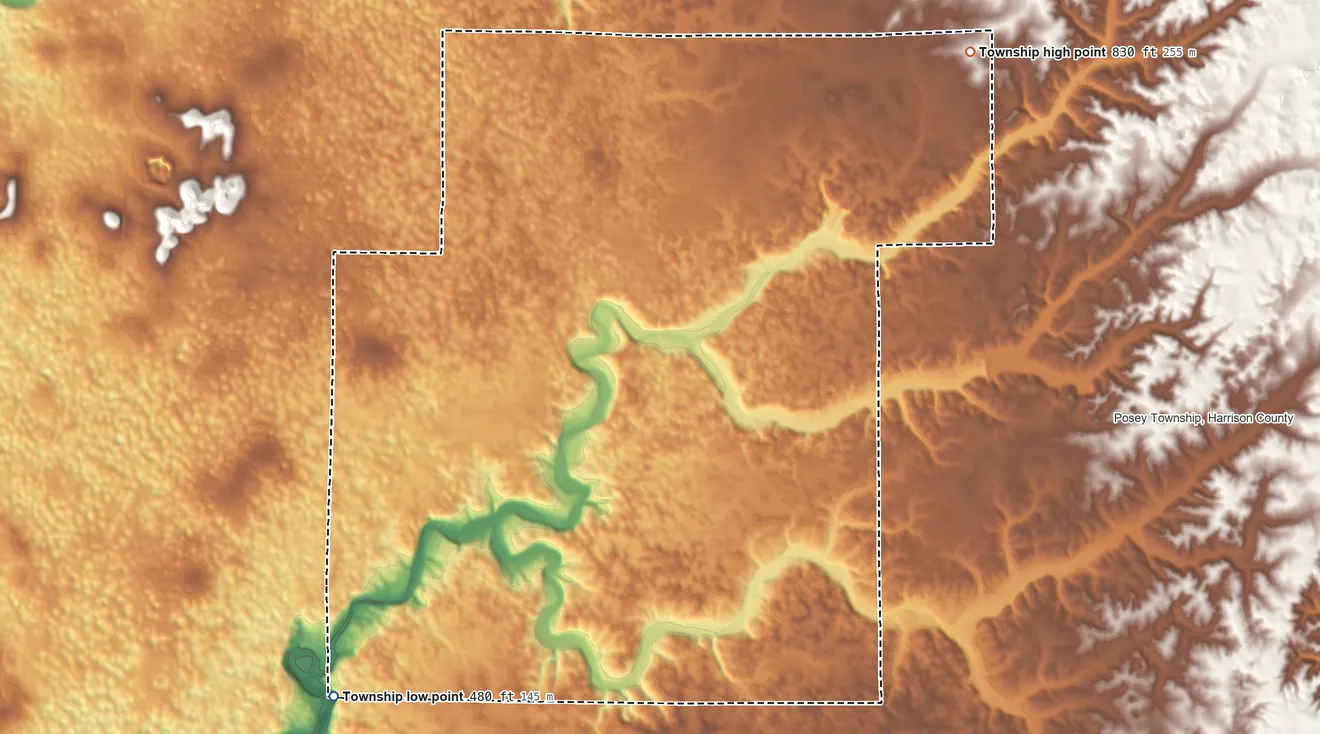 Topographic elevation map of Webster Township, Indiana, shaded from 480 ft on the southwest side to 830 ft on the northeast side