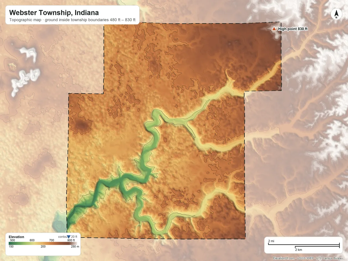 Topographic elevation map of Webster Township, Indiana, shaded from 480 ft on the southwest side to 830 ft on the northeast side
