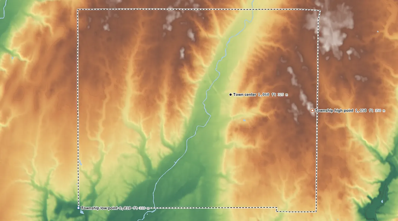 Topographic elevation map of Webster Township, Wayne County, Indiana, shaded from 1,010 ft on the southwest side to 1,150 ft on the east side