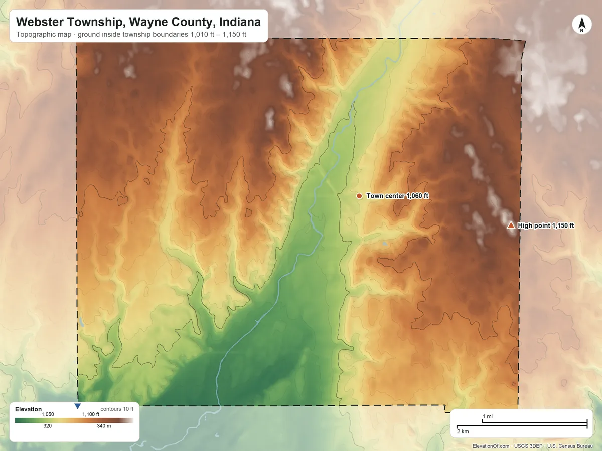 Topographic elevation map of Webster Township, Wayne County, Indiana, shaded from 1,010 ft on the southwest side to 1,150 ft on the east side