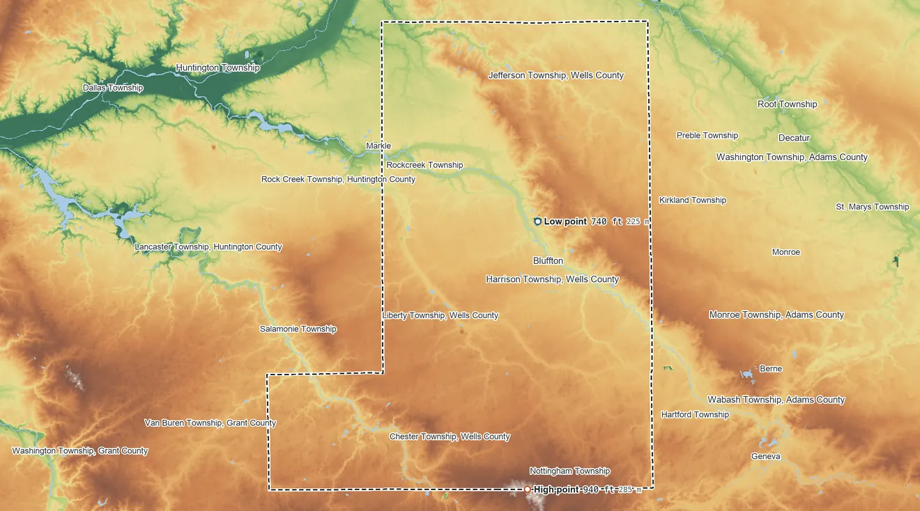 Topographic elevation map of Wells County, Indiana, shaded from 740 ft on the northeast side to 940 ft on the south side