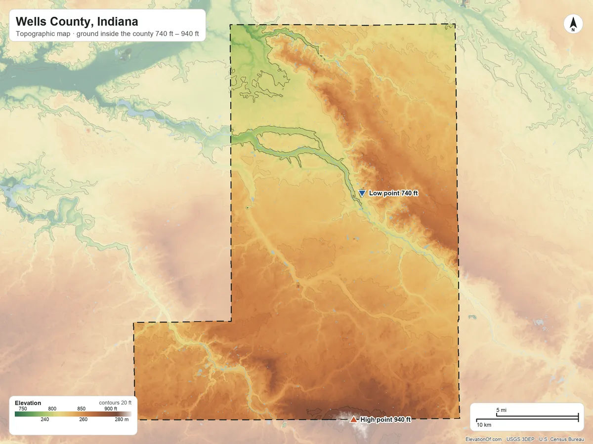 Topographic elevation map of Wells County, Indiana, shaded from 740 ft on the northeast side to 940 ft on the south side