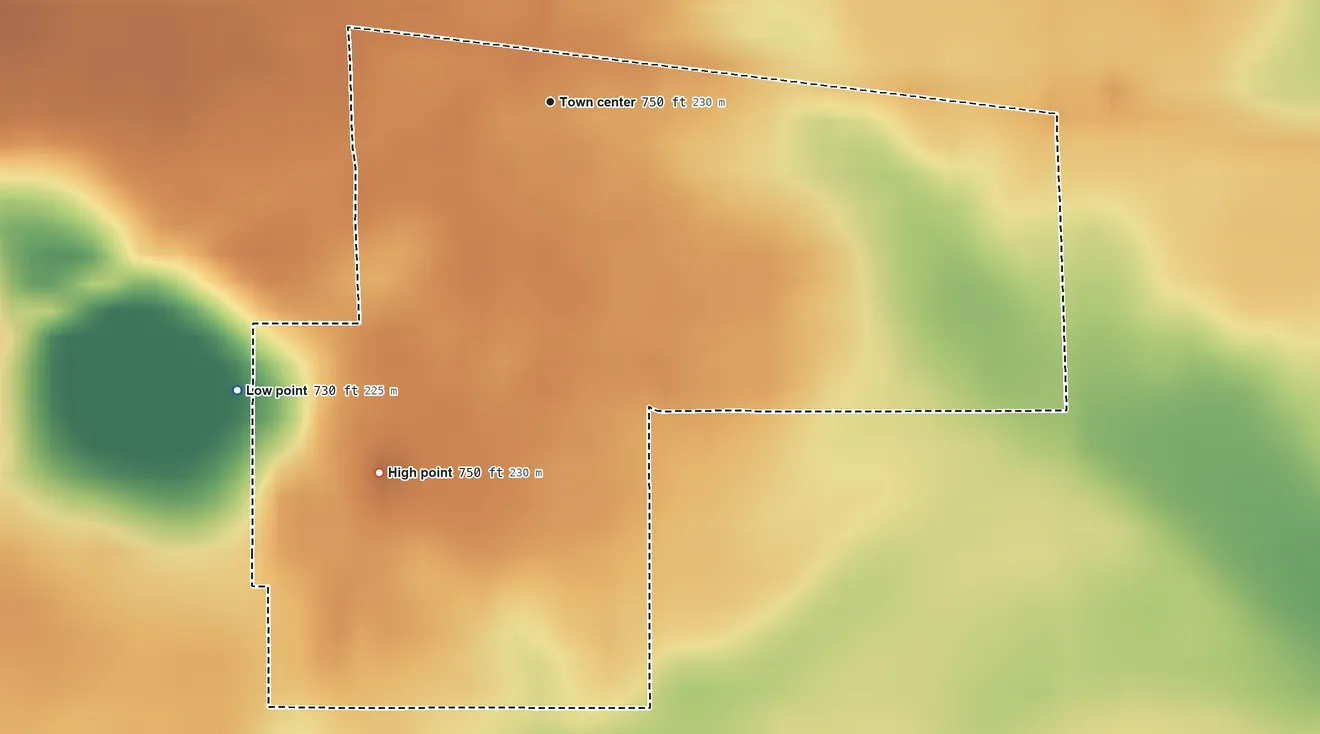 Topographic elevation map of Wellsboro, Indiana, shaded from 730 ft on the southwest side to 750 ft on the southwest side