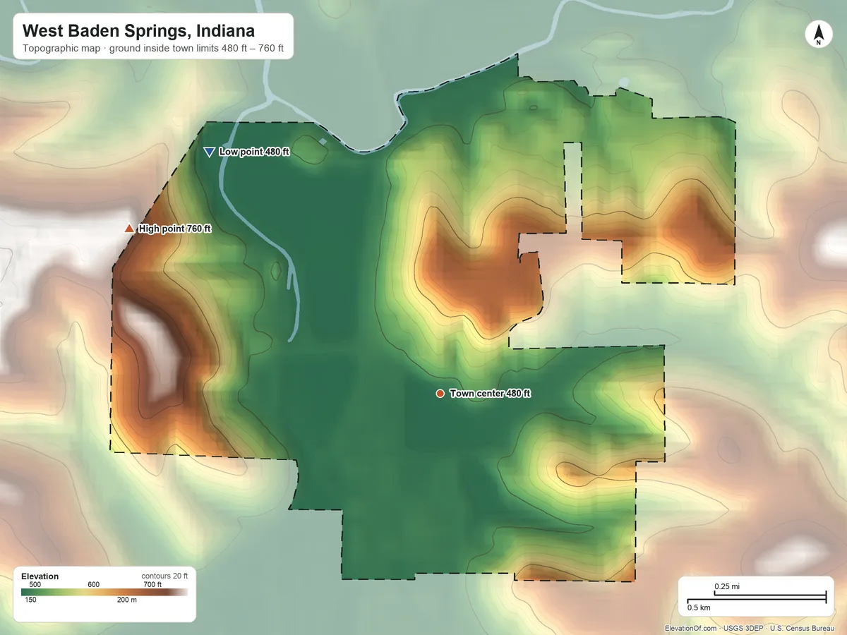 Topographic elevation map of West Baden Springs, Indiana, shaded from 480 ft on the northwest side to 760 ft on the northwest side