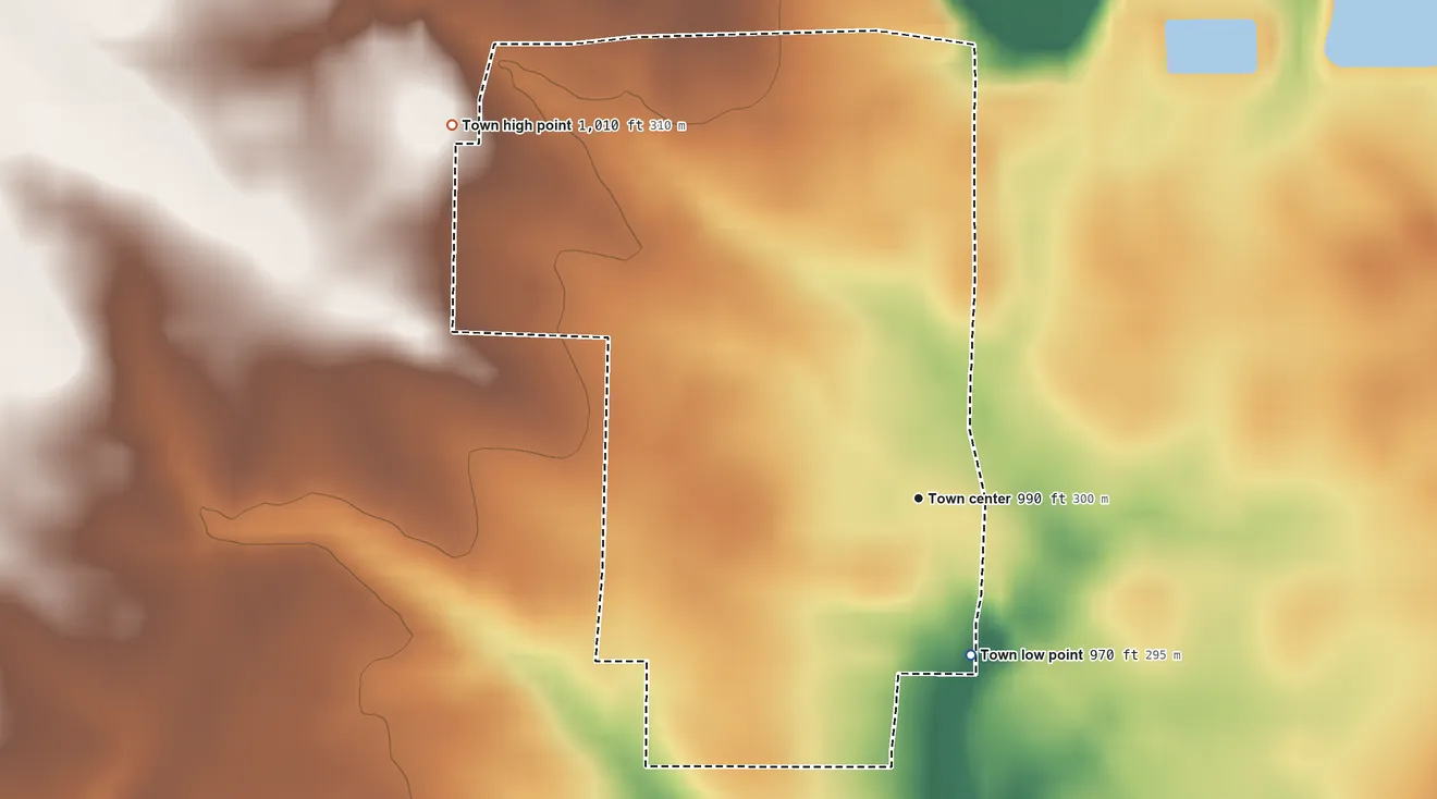 Topographic elevation map of West College Corner, Indiana, shaded from 970 ft on the south side to 1,010 ft on the northwest side