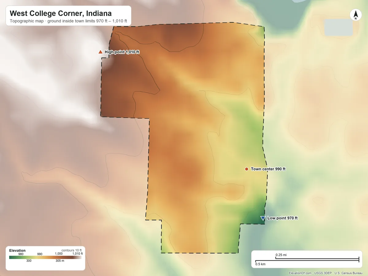 Topographic elevation map of West College Corner, Indiana, shaded from 970 ft on the south side to 1,010 ft on the northwest side