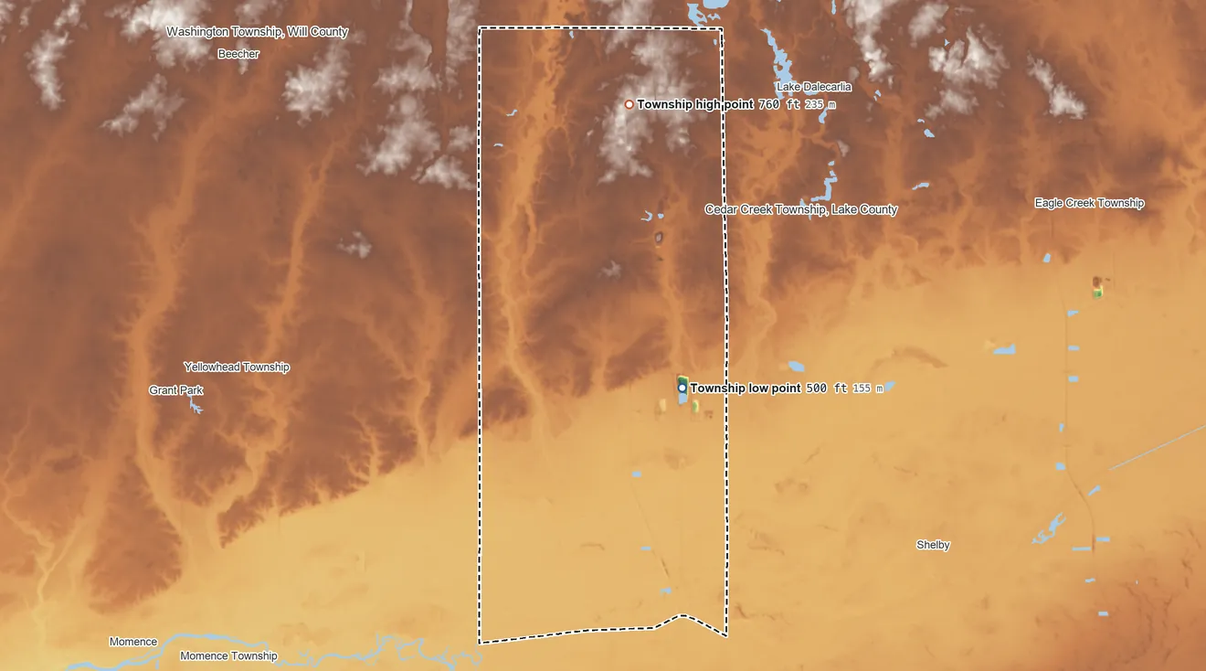 Topographic elevation map of West Creek Township, Indiana, shaded from 500 ft on the south side to 760 ft on the north side