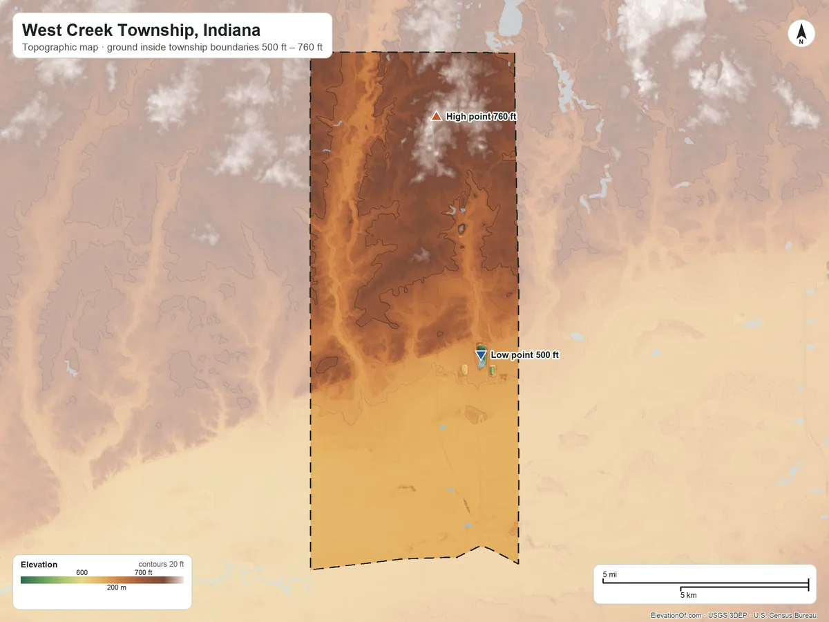 Topographic elevation map of West Creek Township, Indiana, shaded from 500 ft on the south side to 760 ft on the north side