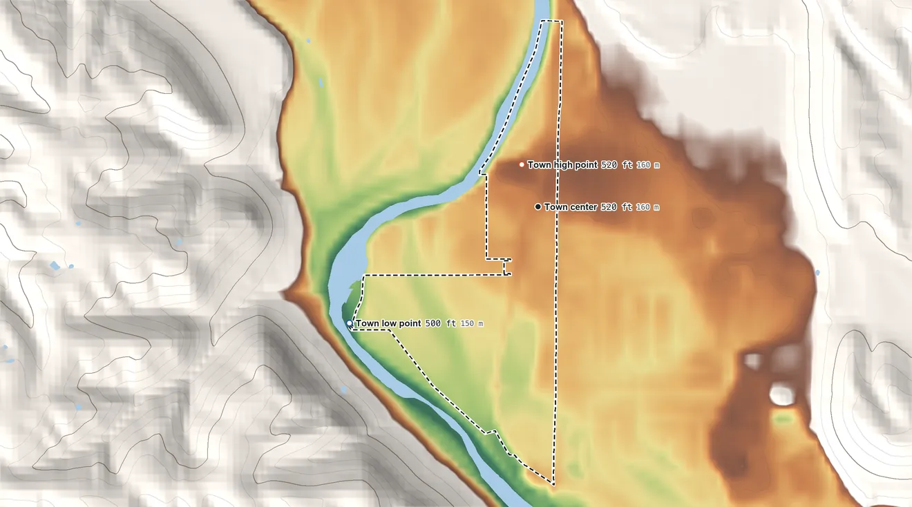 Topographic elevation map of West Harrison, Indiana, shaded from 500 ft on the southwest side to 520 ft on the north edge, below higher ground just outside