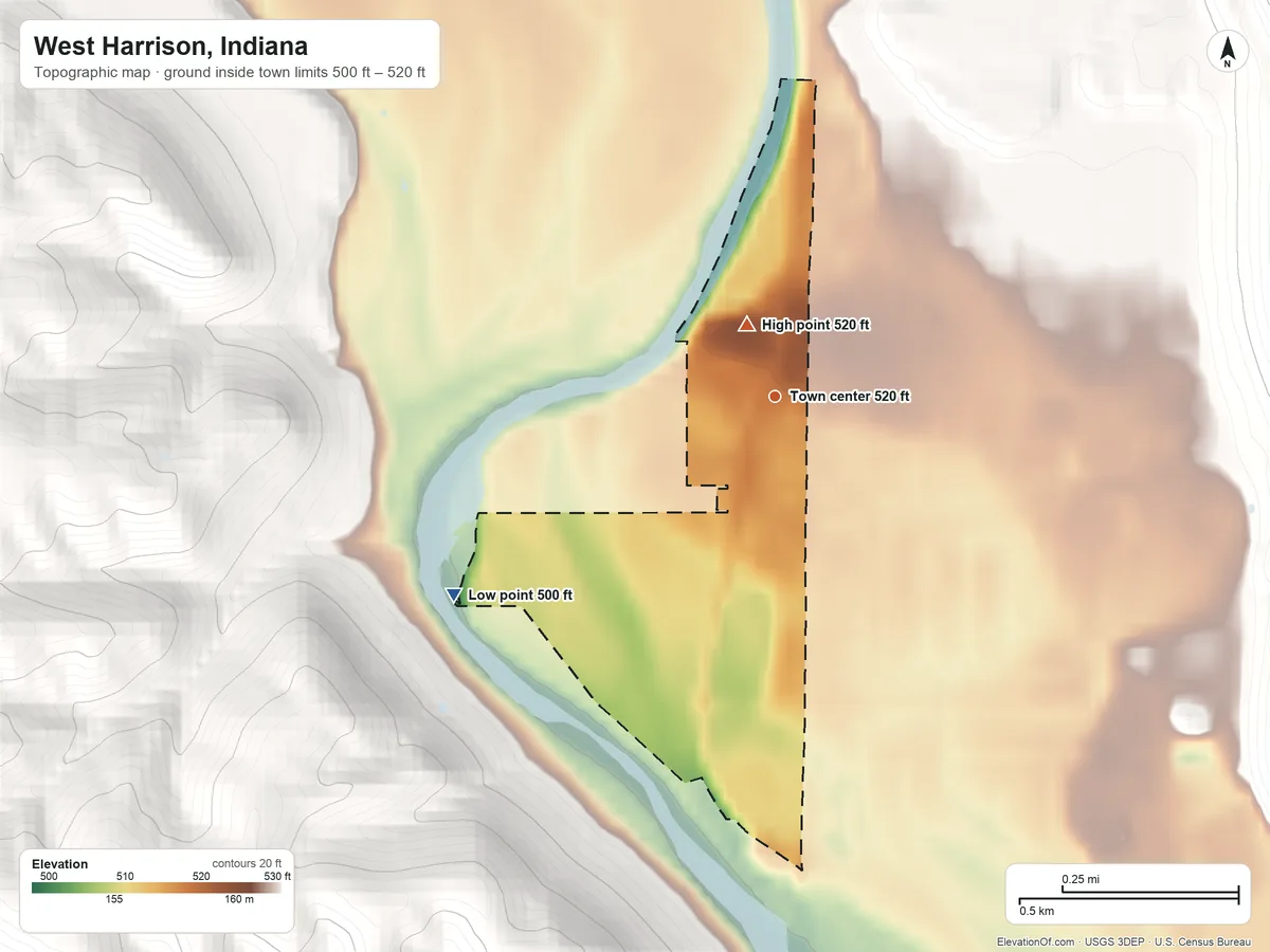 Topographic elevation map of West Harrison, Indiana, shaded from 500 ft on the southwest side to 520 ft on the north edge, below higher ground just outside