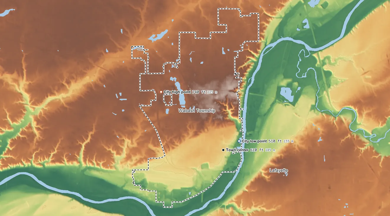 Topographic elevation map of West Lafayette, Indiana, shaded from 510 ft near the middle to 740 ft on the northwest side