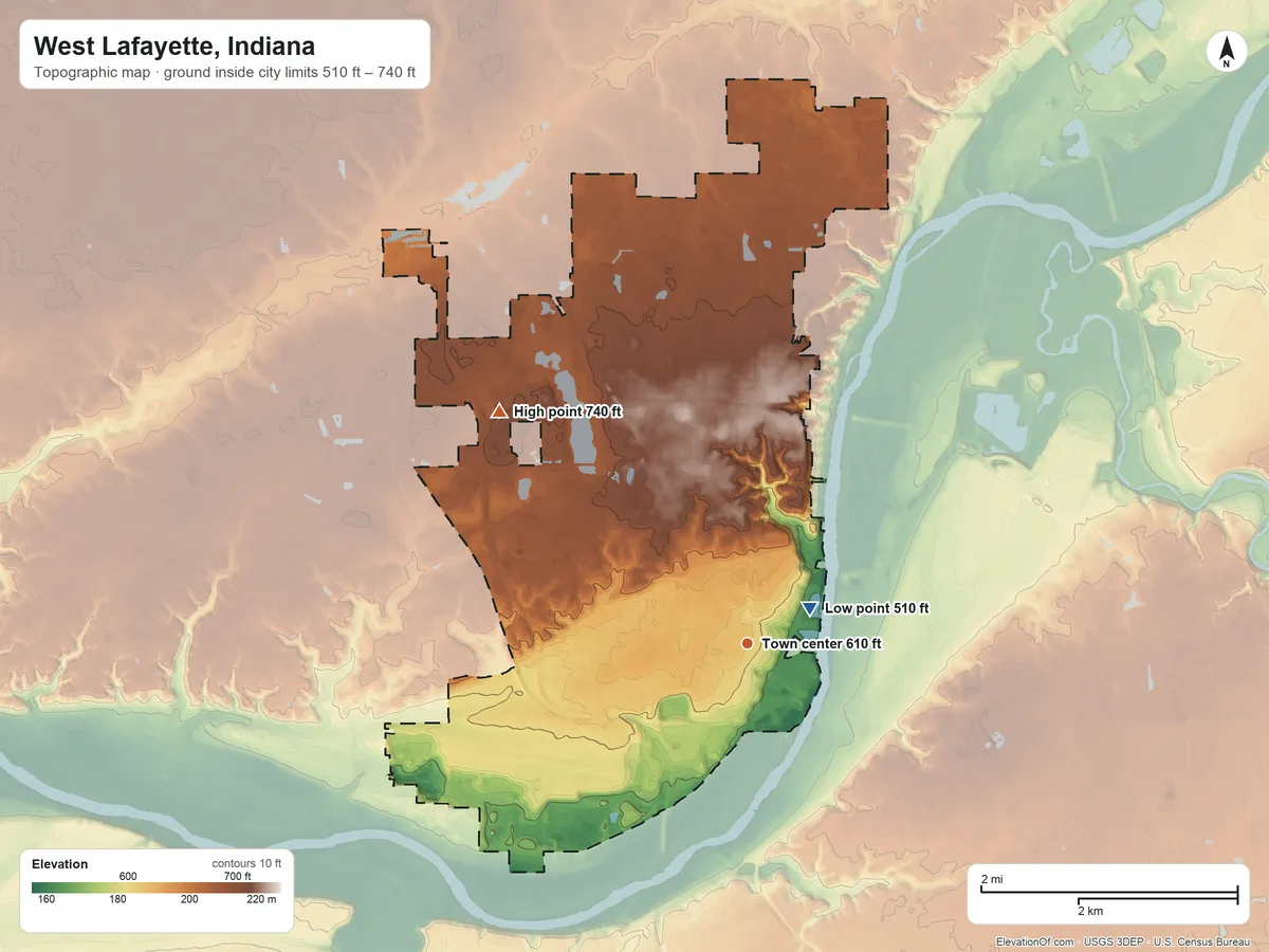 Topographic elevation map of West Lafayette, Indiana, shaded from 510 ft near the middle to 740 ft on the northwest side