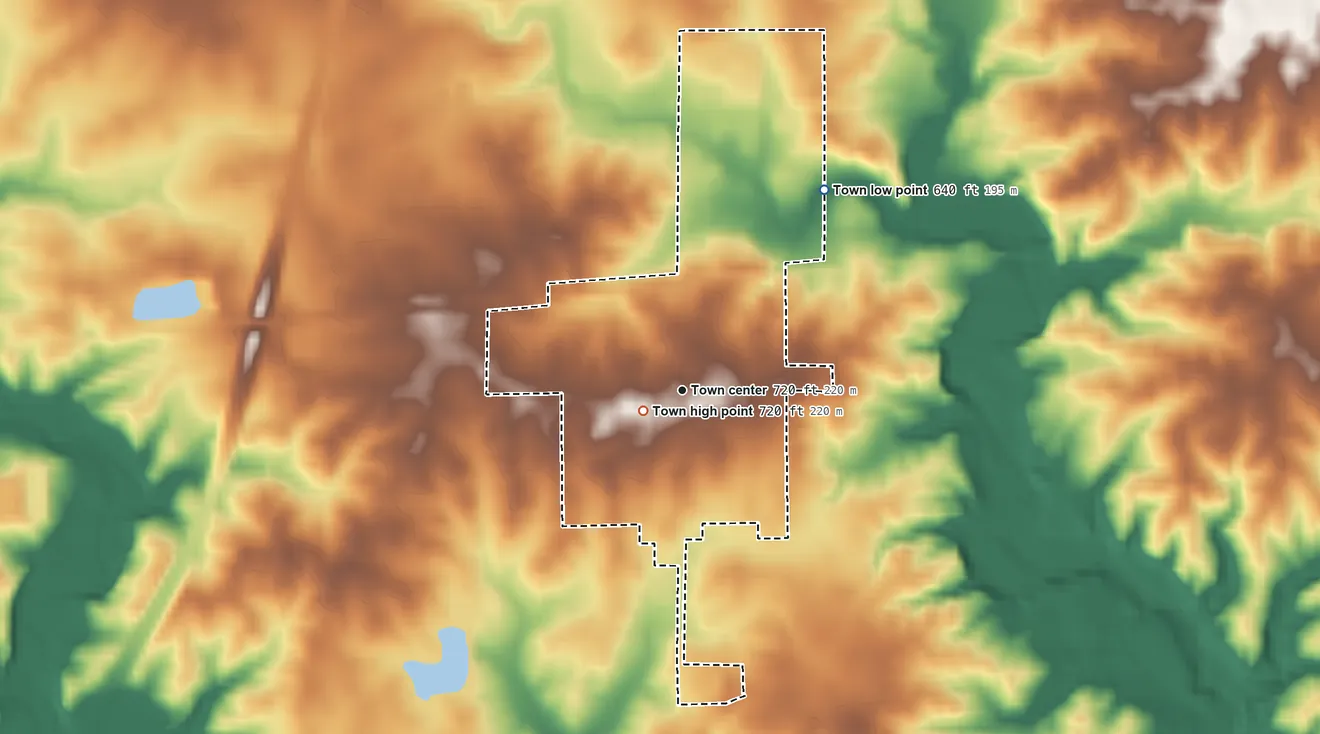Topographic elevation map of West Lebanon, Indiana, shaded from 640 ft on the northeast side to 720 ft near the middle