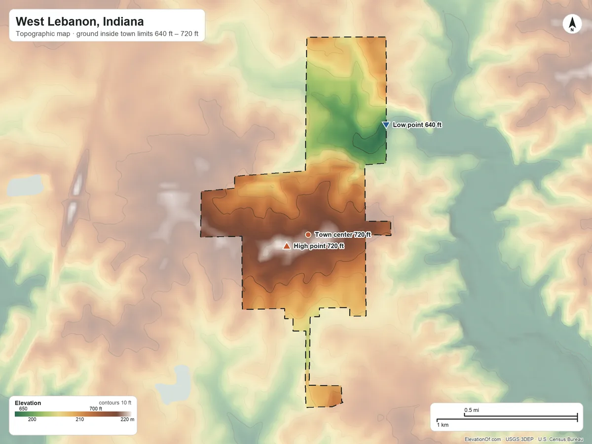 Topographic elevation map of West Lebanon, Indiana, shaded from 640 ft on the northeast side to 720 ft near the middle