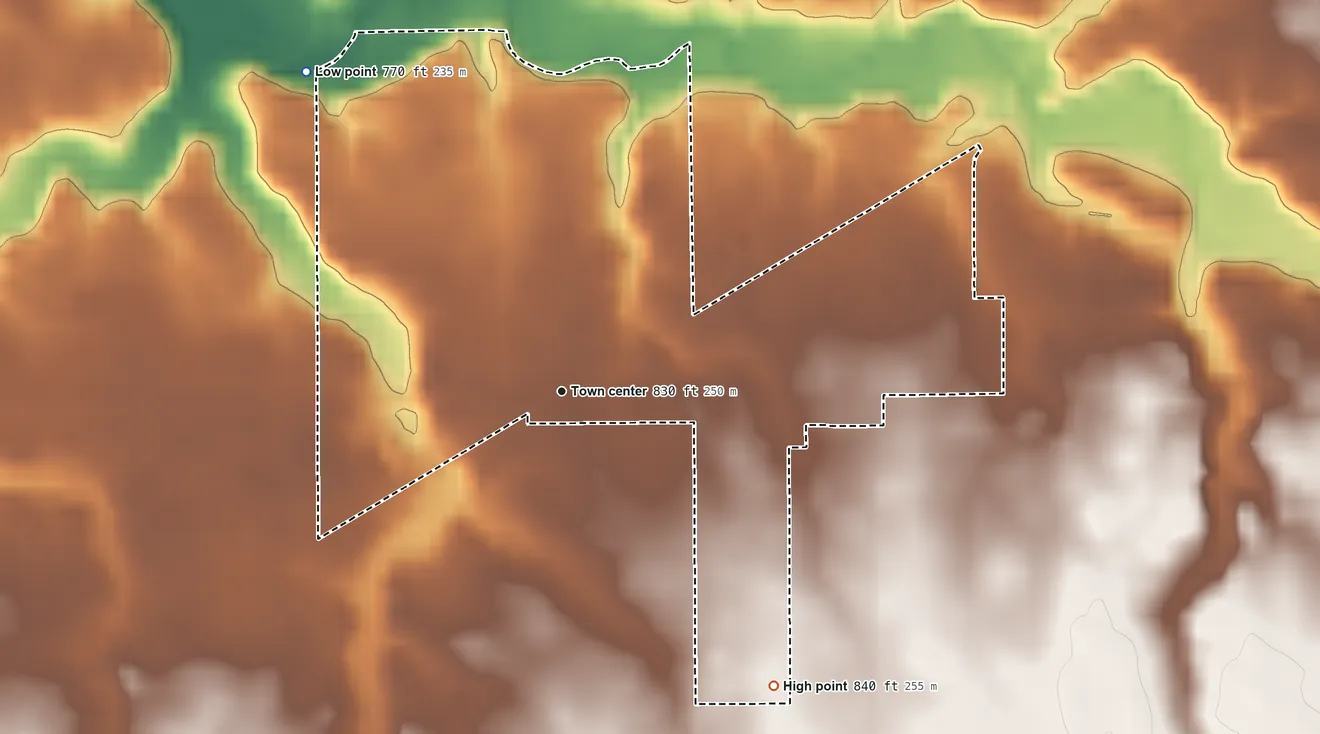 Topographic elevation map of West Middleton, Indiana, shaded from 770 ft on the northwest side to 840 ft on the southeast side